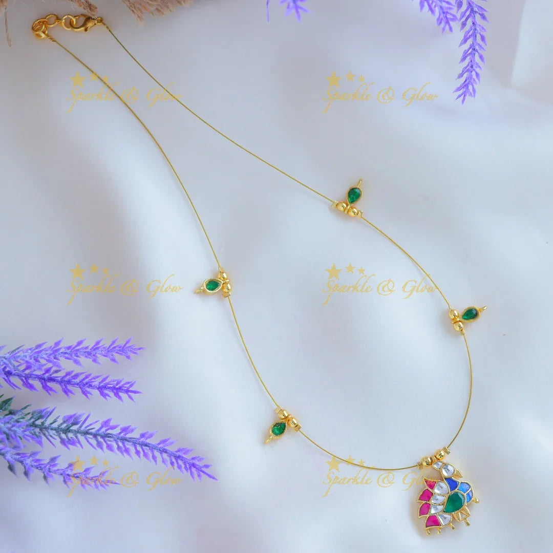 Elegant Left side faced Bird design Invisible short necklace with Navarathna stones-Ruby - Sparkle and Glow