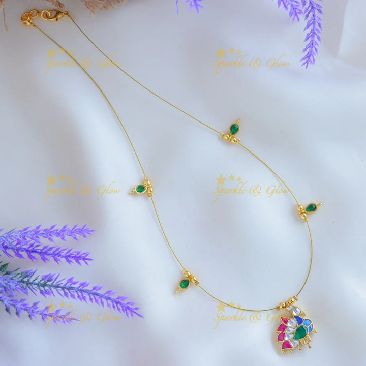 Elegant Left side faced Bird design Invisible short necklace with Navarathna stones-Ruby - Sparkle and Glow