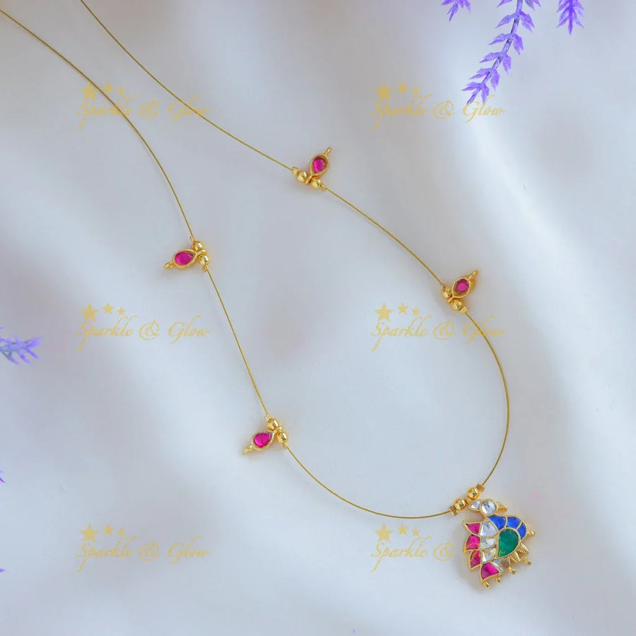 Elegant Left side faced Bird design Invisible short necklace with Navarathna stones-Ruby - Sparkle and Glow