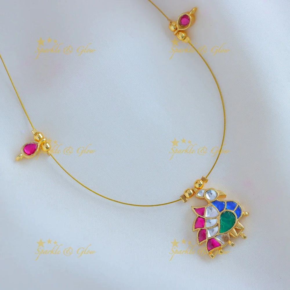 Elegant Left side faced Bird design Invisible short necklace with Navarathna stones-Ruby - Sparkle and Glow