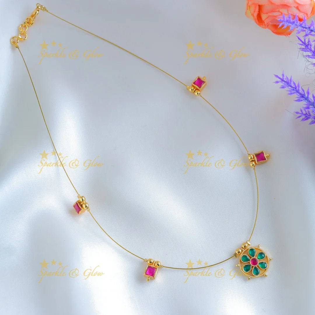 Elegant Floral pendant carved Square design invisible short necklace-Rubyblue - Sparkle and Glow