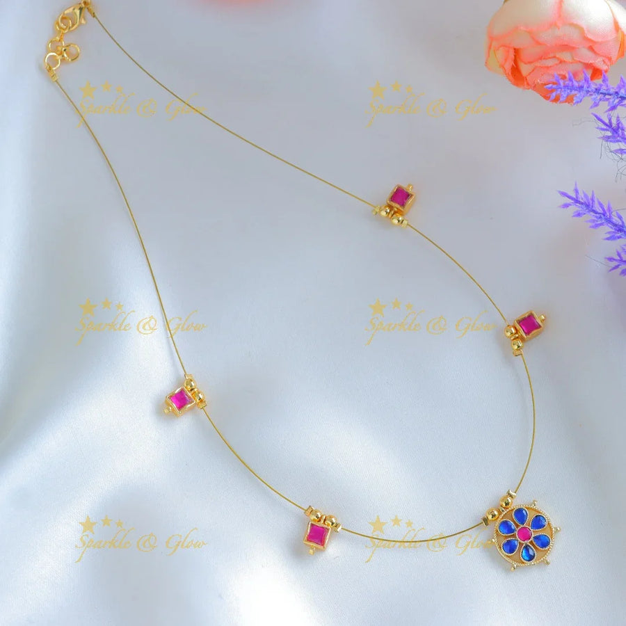 Elegant Floral pendant carved Square design invisible short necklace-Rubyblue - Sparkle and Glow