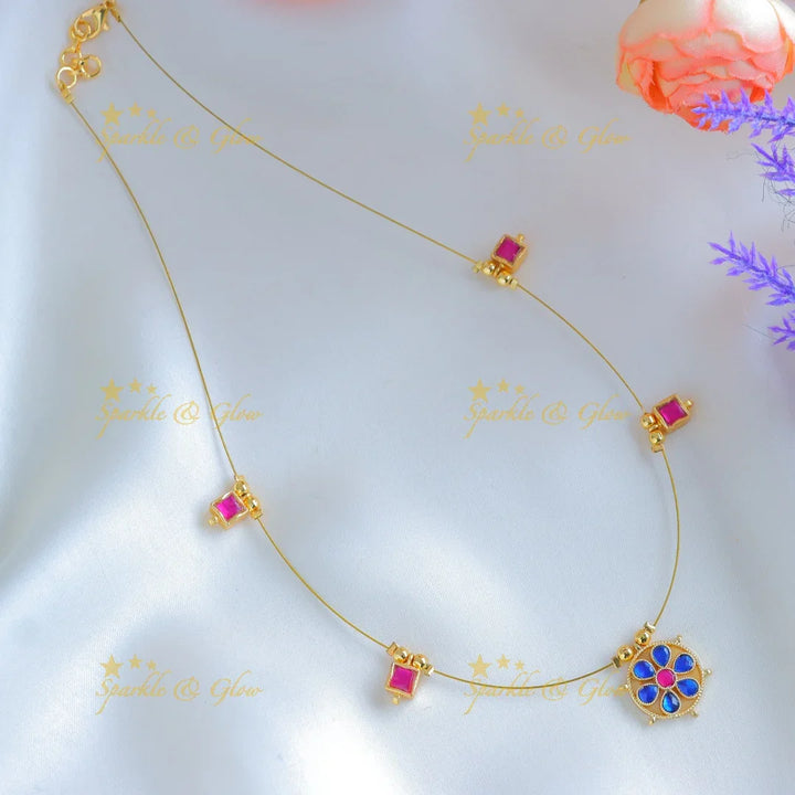 Elegant Floral pendant carved Square design invisible short necklace-Rubyblue - Sparkle and Glow