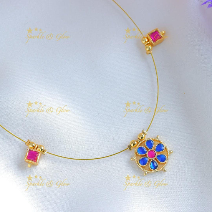 Elegant Floral pendant carved Square design invisible short necklace-Rubyblue - Sparkle and Glow