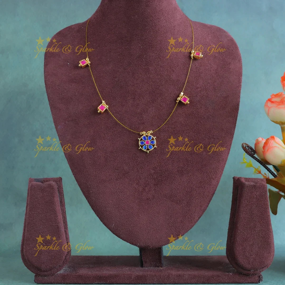 Elegant Floral pendant carved Square design invisible short necklace-Rubyblue - Sparkle and Glow