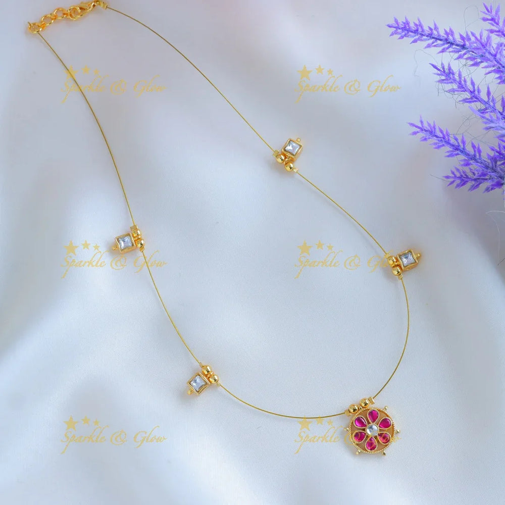 Elegant Floral pendant carved Square design invisible short necklace-Rubyblue - Sparkle and Glow