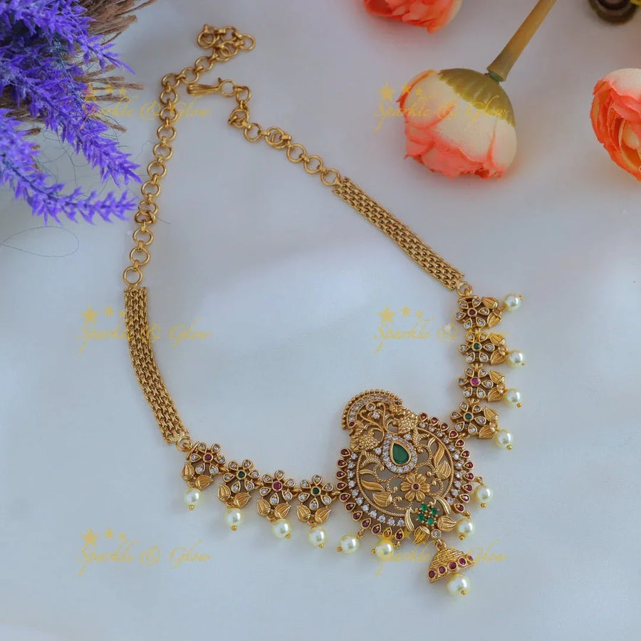 Gracious Antique Peacock Floral CZ choker with pearls - Sparkle and Glow