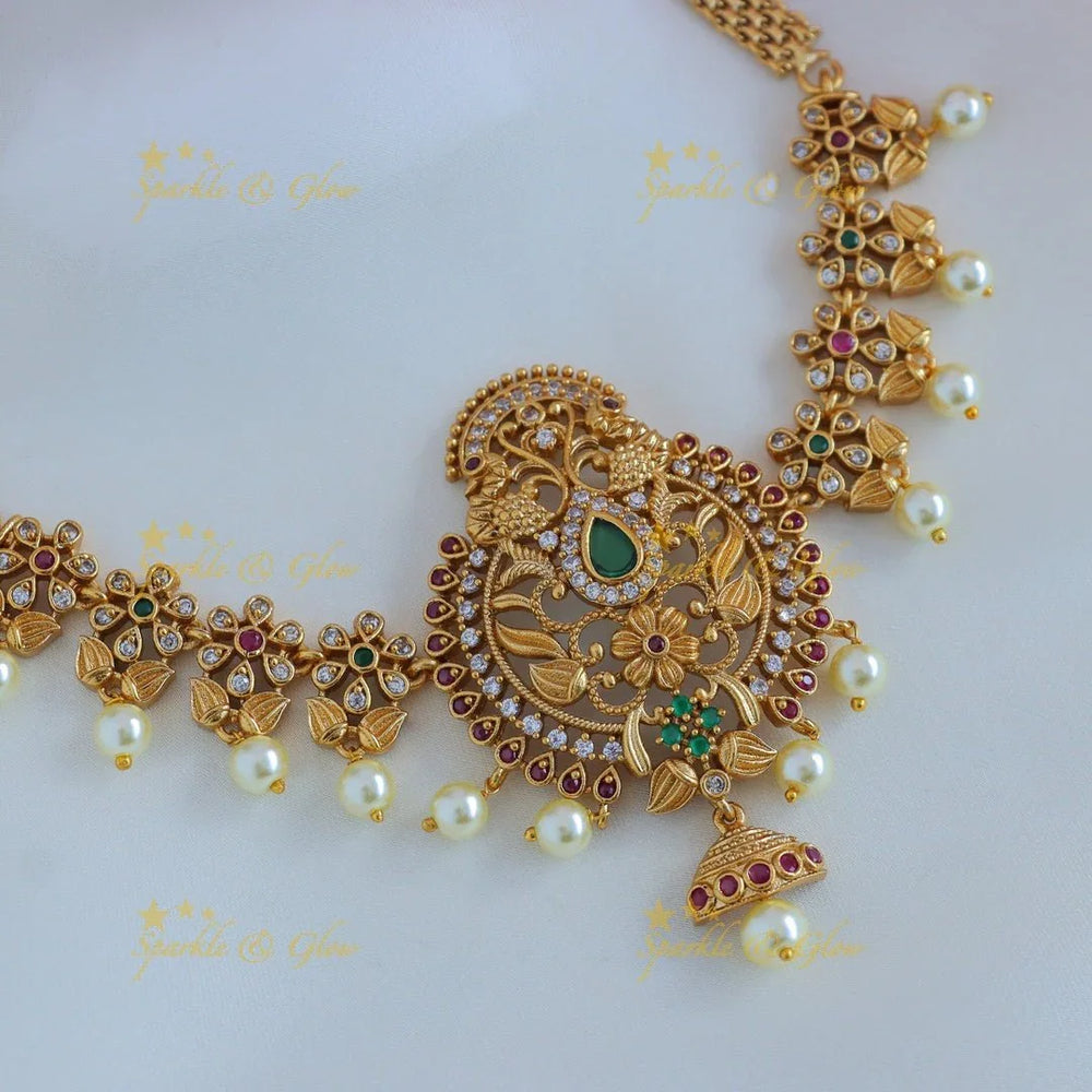 Gracious Antique Peacock Floral CZ choker with pearls - Sparkle and Glow