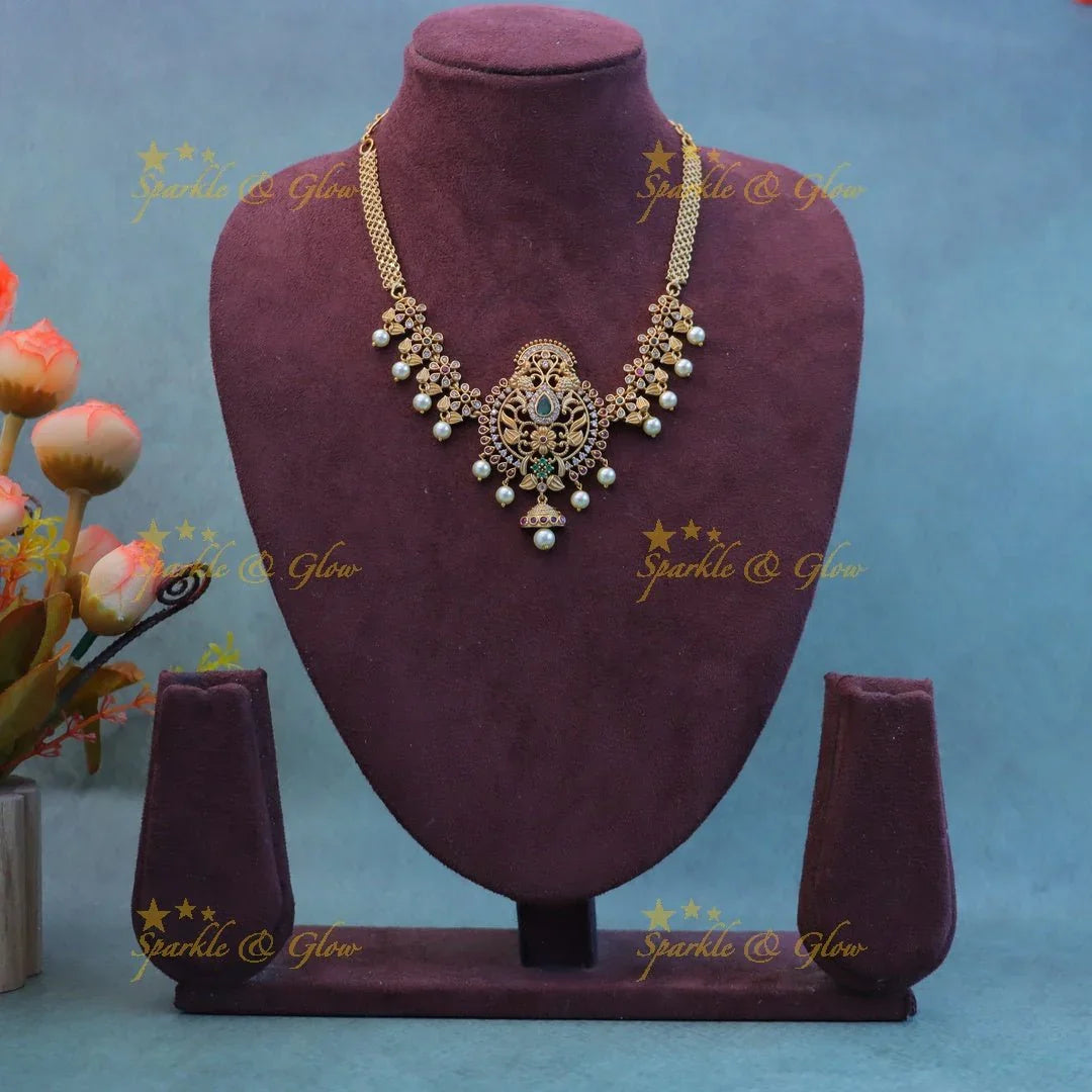 Gracious Antique Peacock Floral CZ choker with pearls - Sparkle and Glow