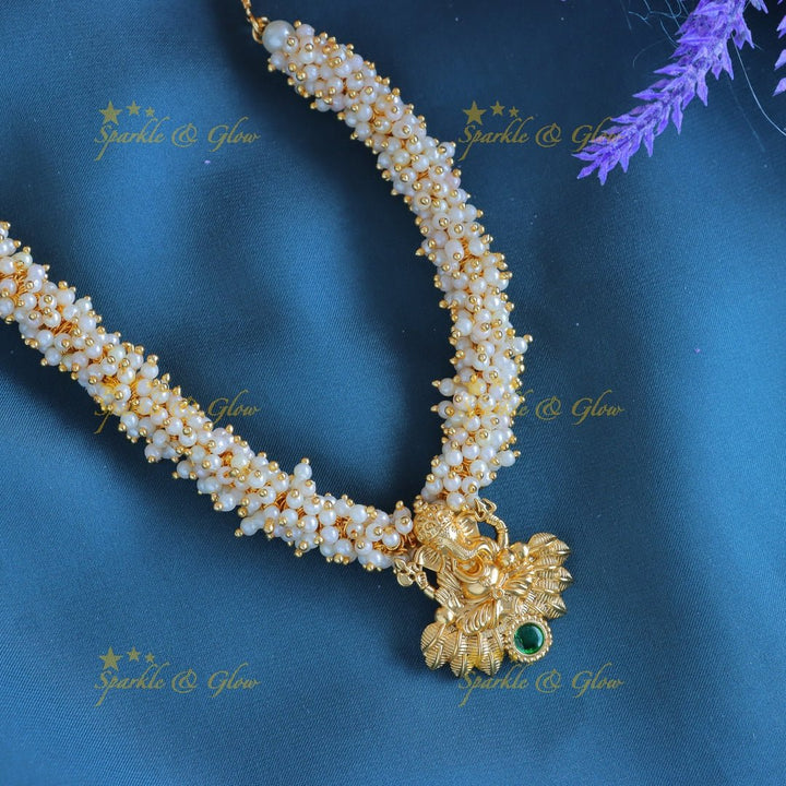 Statement Idol Ganesha pearl cluster short necklace - Green - Sparkle and Glow - 
