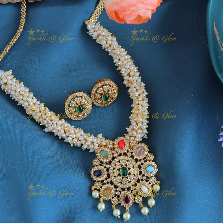 Grand Navarathna Floral pendant carved pearl cluster short necklace - Sparkle and Glow - Back Thread - 