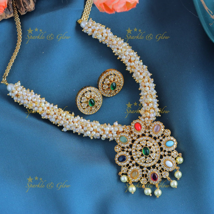 Grand Navarathna Floral pendant carved pearl cluster short necklace - Sparkle and Glow - Back Thread - 