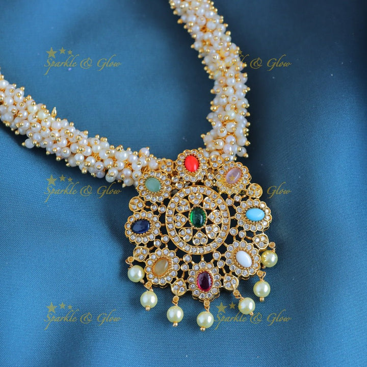 Grand Navarathna Floral pendant carved pearl cluster short necklace - Sparkle and Glow - Back Thread - 