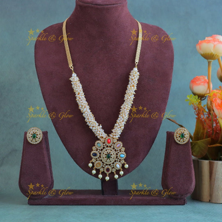Grand Navarathna Floral pendant carved pearl cluster short necklace - Sparkle and Glow - Back Thread - 