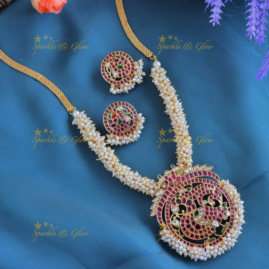 Gracious Dual tone peacock pendant carved pearl cluster short necklace - Sparkle and Glow