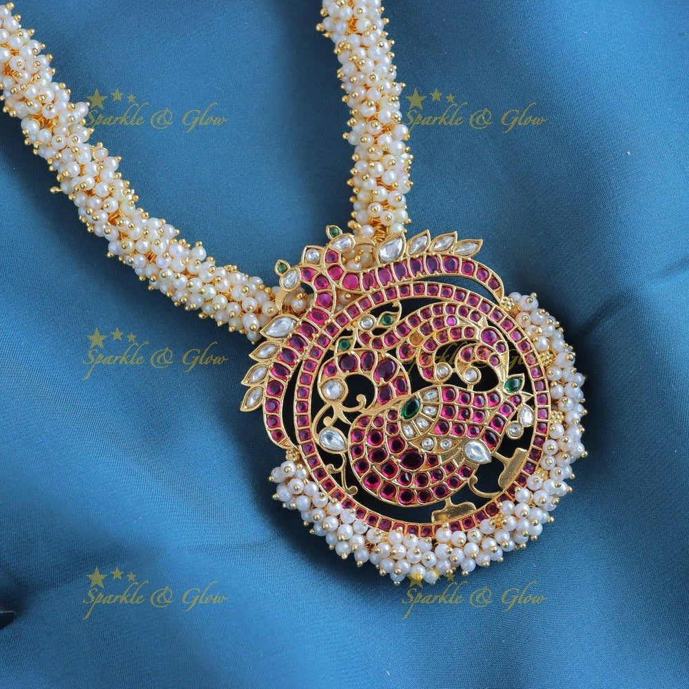 Gracious Dual tone peacock pendant carved pearl cluster short necklace - Sparkle and Glow