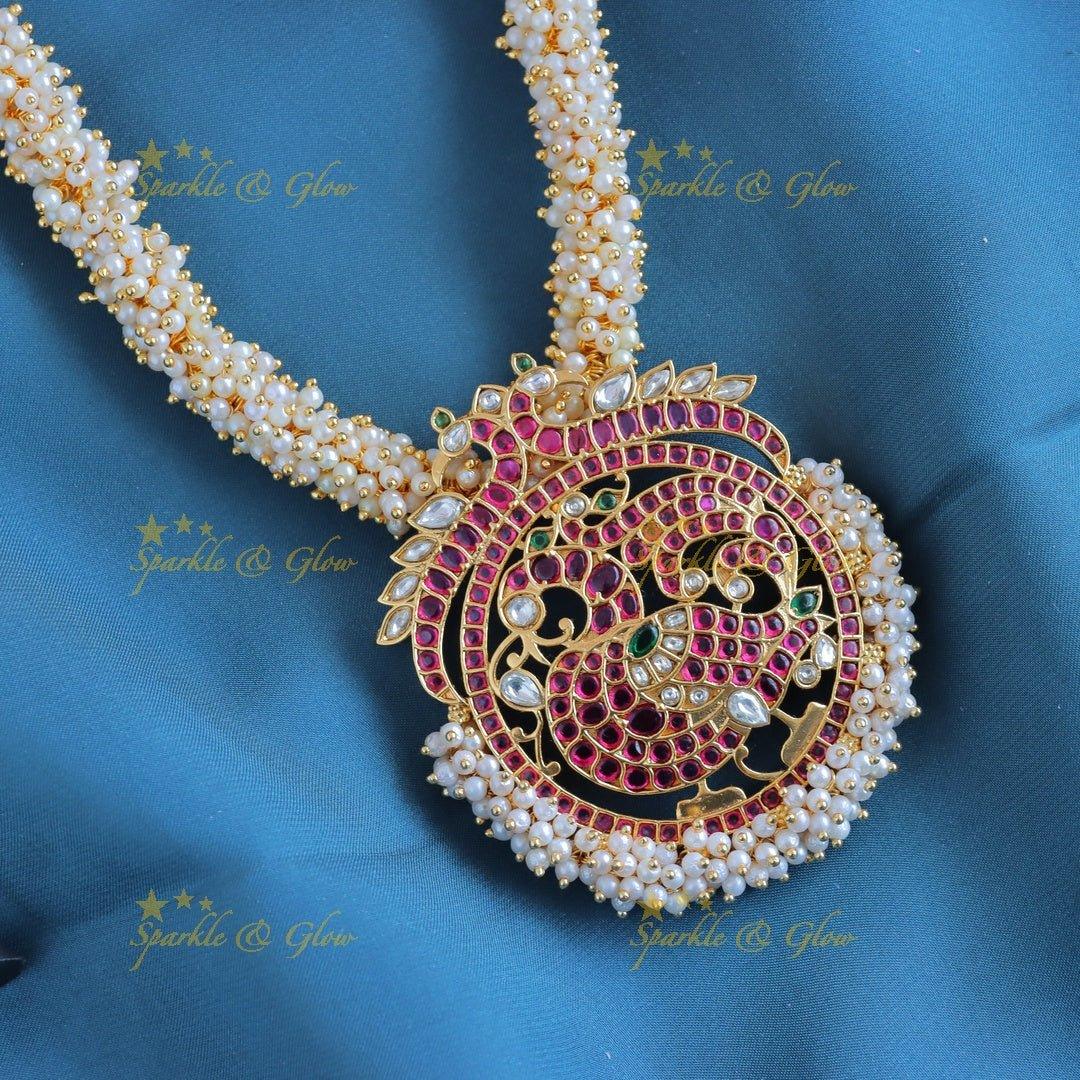 Gracious Dual tone peacock pendant carved pearl cluster short necklace - Sparkle and Glow