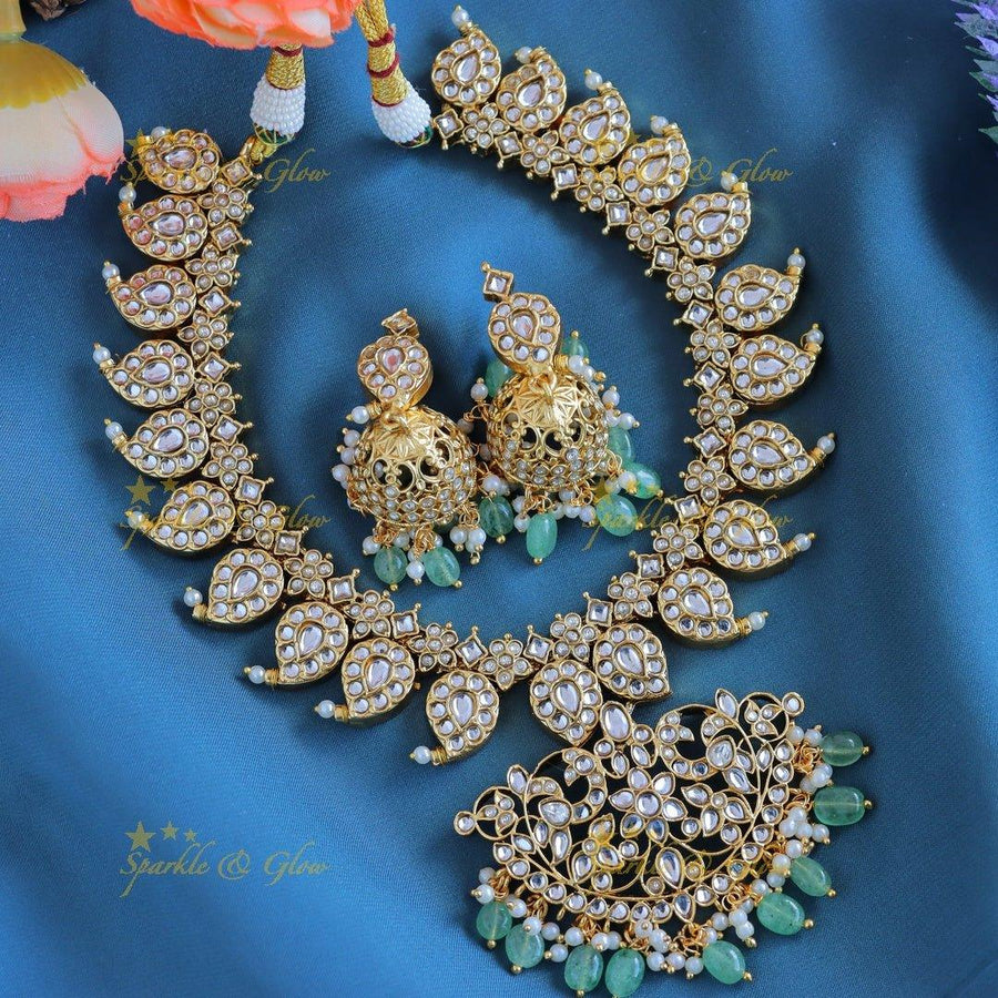 Elegant Peacock Mango Floral carved short necklace with Mintgreen beads - Sparkle and Glow