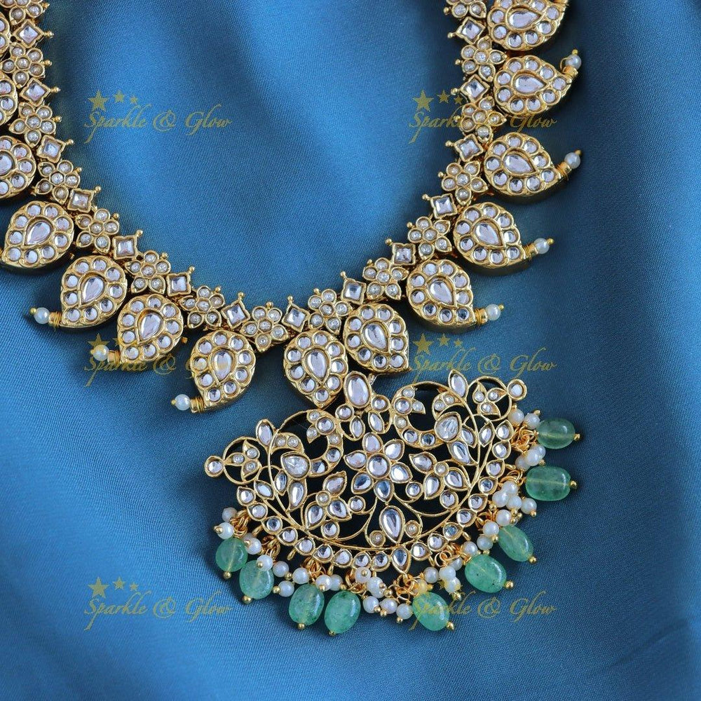 Elegant Peacock Mango Floral carved short necklace with Mintgreen beads - Sparkle and Glow