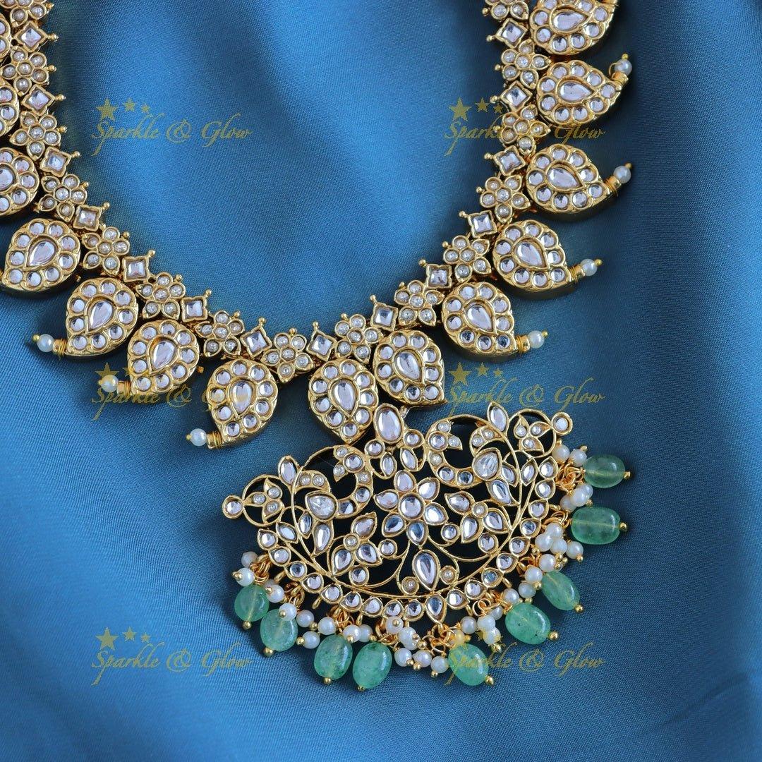 Elegant Peacock Mango Floral carved short necklace with Mintgreen beads - Sparkle and Glow
