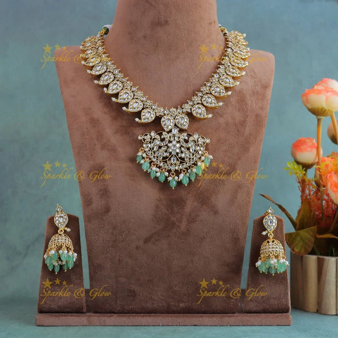 Elegant Peacock Mango Floral carved short necklace with Mintgreen beads - Sparkle and Glow