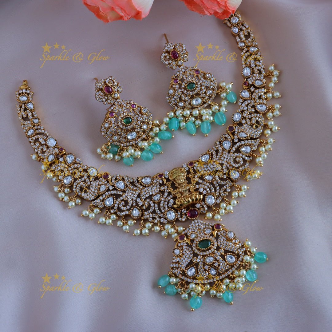 Sparkling Idol Lakshmi Peacock carved Victorian AD short necklace with Mintgreen beads - Sparkle and Glow - Back Thread - 