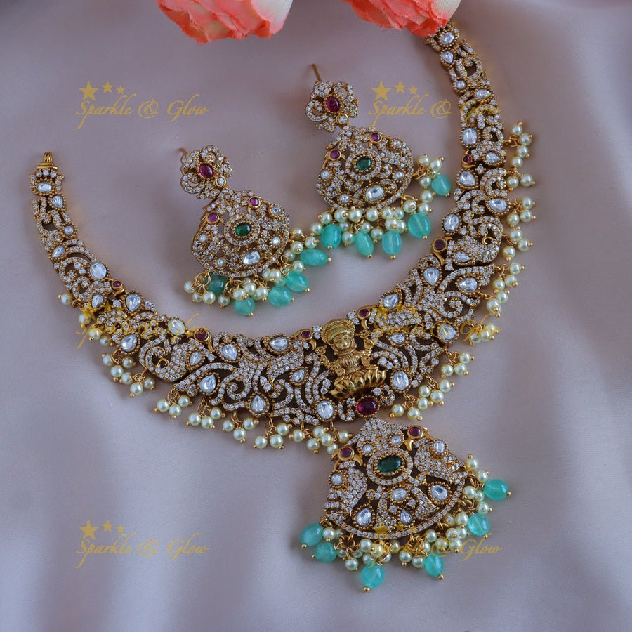 Sparkling Idol Lakshmi Peacock carved Victorian AD short necklace with Mintgreen beads - Sparkle and Glow - Back Thread - 