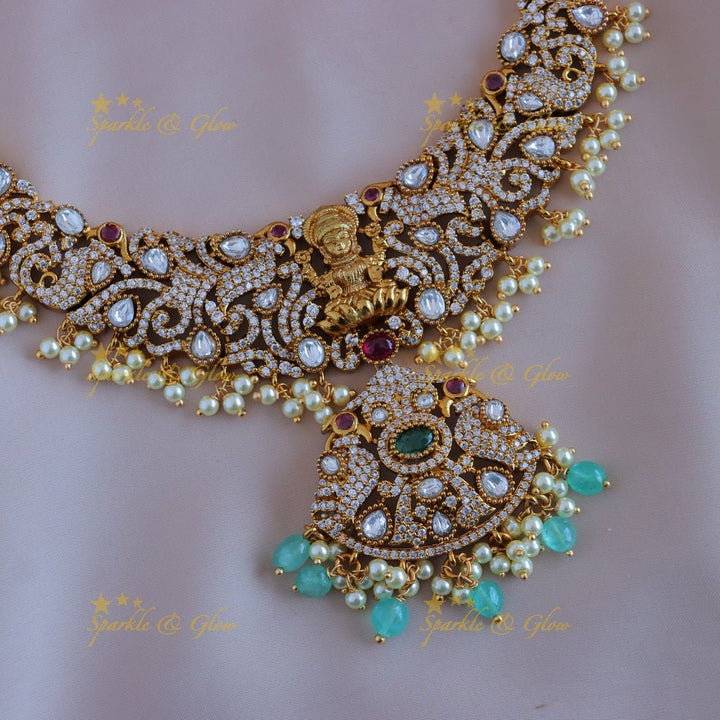 Sparkling Idol Lakshmi Peacock carved Victorian AD short necklace with Mintgreen beads - Sparkle and Glow - Back Thread - 