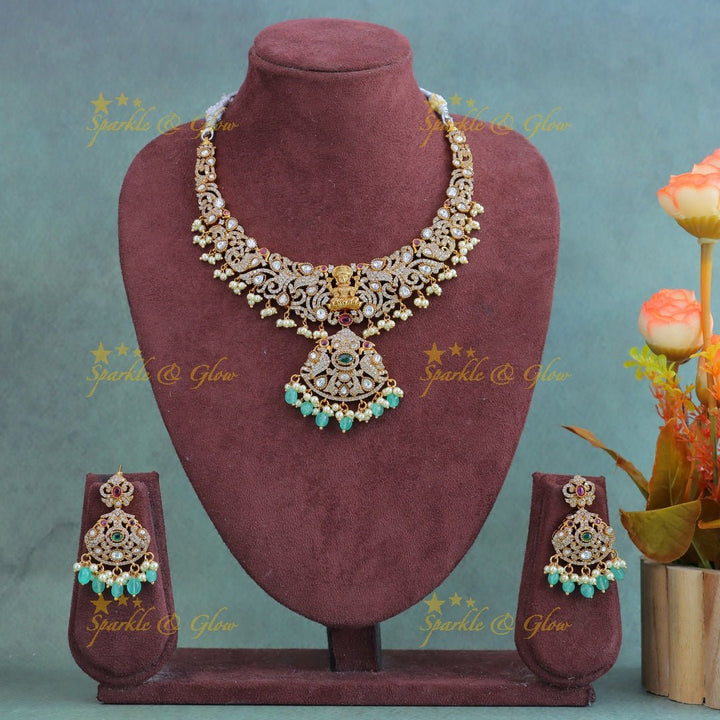 Sparkling Idol Lakshmi Peacock carved Victorian AD short necklace with Mintgreen beads - Sparkle and Glow - Back Thread - 