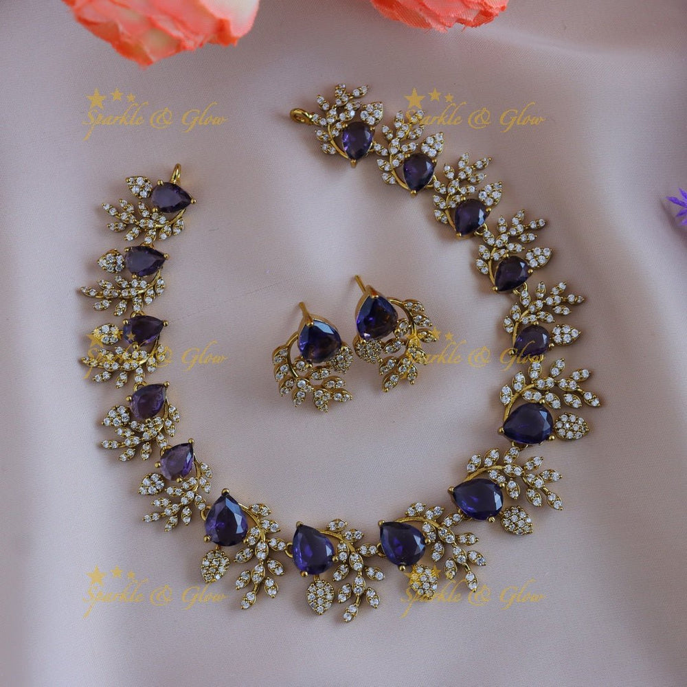 Exclusive Water drop stone and branch design AD short necklace - Purple - Sparkle and Glow - Back Thread - 