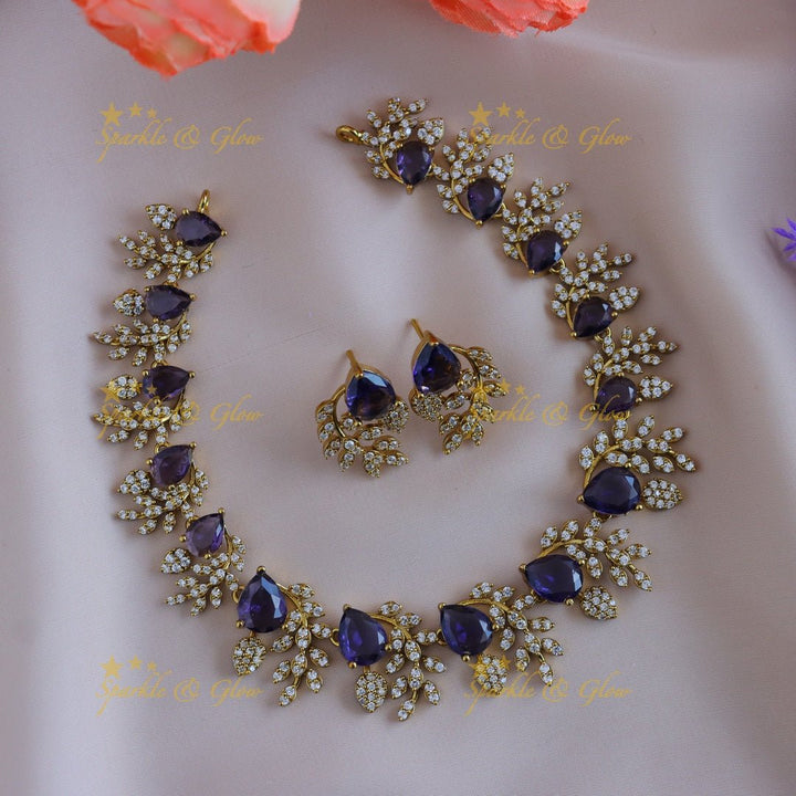Exclusive Water drop stone and branch design AD short necklace - Purple - Sparkle and Glow - Back Thread - 