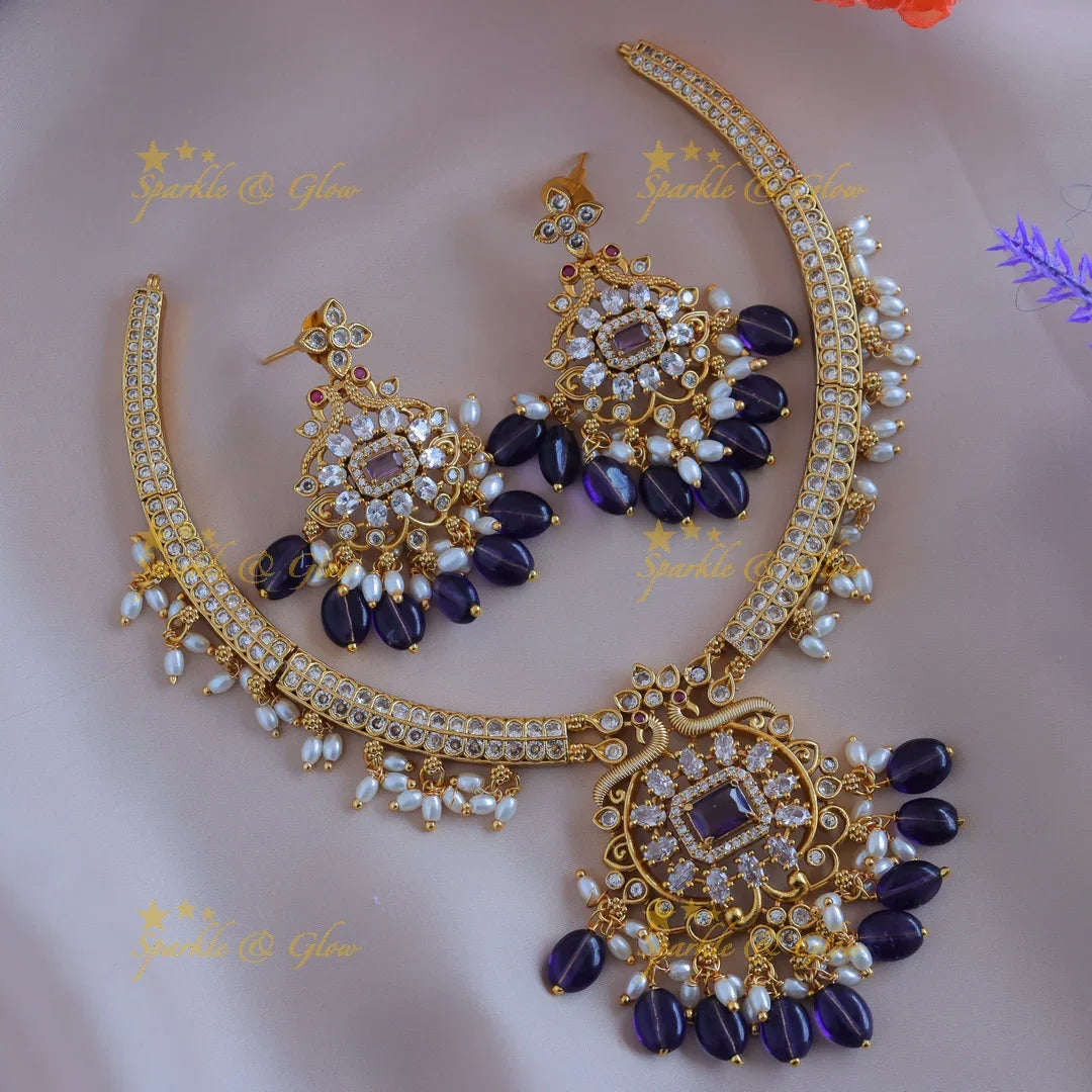 Elegant Peacock Floral short necklace with AD stones and pearls-Pink - Sparkle and Glow