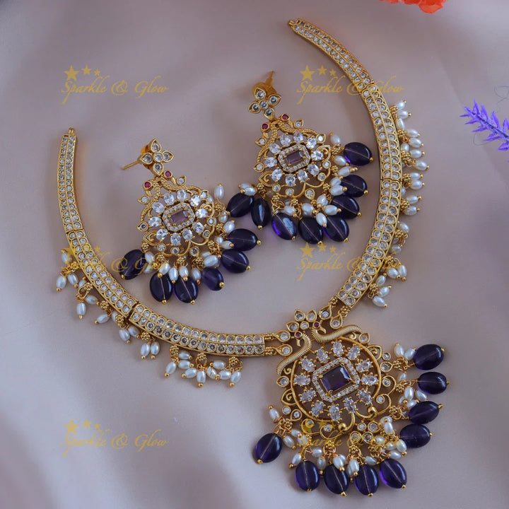 Elegant Peacock Floral short necklace with AD stones and pearls-Pink - Sparkle and Glow