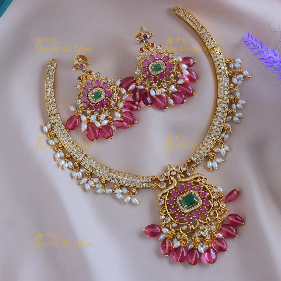 Elegant Peacock Floral short necklace with AD stones and pearls-Pink - Sparkle and Glow