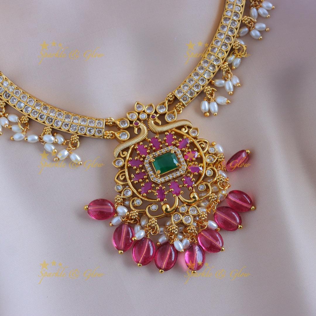 Elegant Peacock Floral short necklace with AD stones and pearls-Pink - Sparkle and Glow