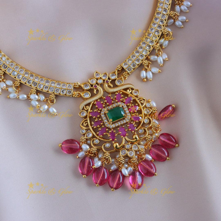 Elegant Peacock Floral short necklace with AD stones and pearls-Pink - Sparkle and Glow
