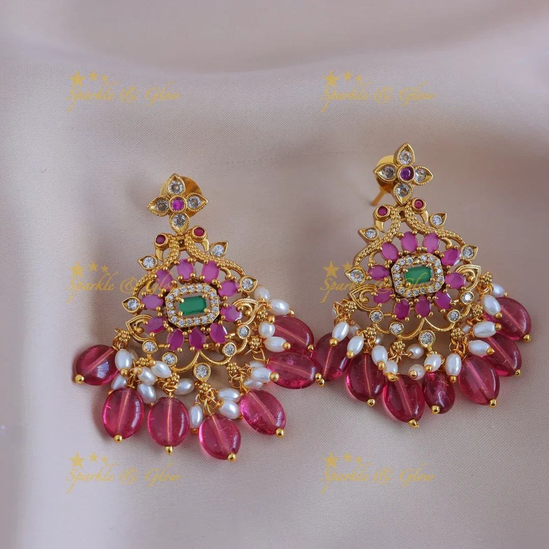 Elegant Peacock Floral short necklace with AD stones and pearls-Pink - Sparkle and Glow