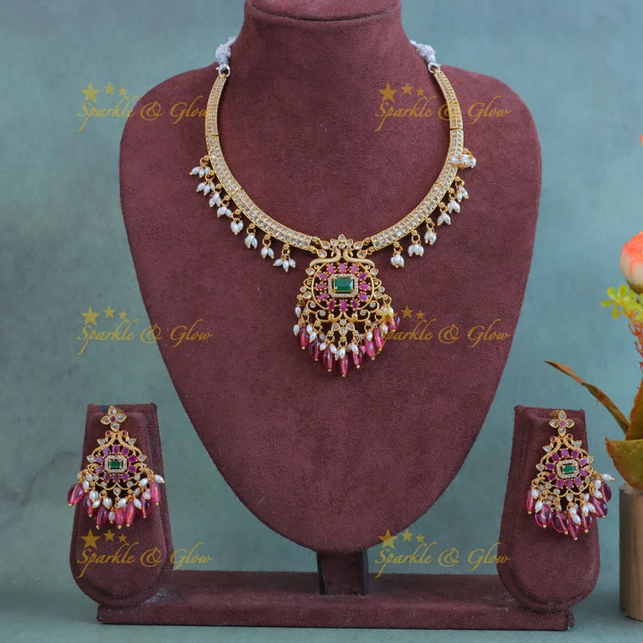 Elegant Peacock Floral short necklace with AD stones and pearls-Pink - Sparkle and Glow