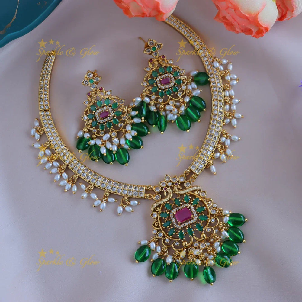 Elegant Peacock Floral short necklace with AD stones and pearls-Pink - Sparkle and Glow