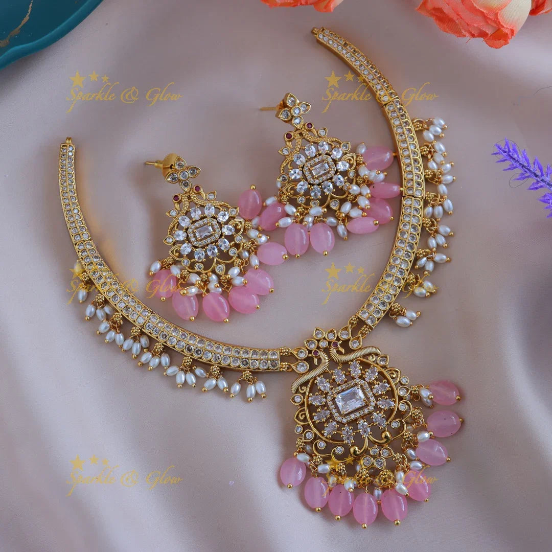 Elegant Peacock Floral short necklace with AD stones and pearls-Pink - Sparkle and Glow