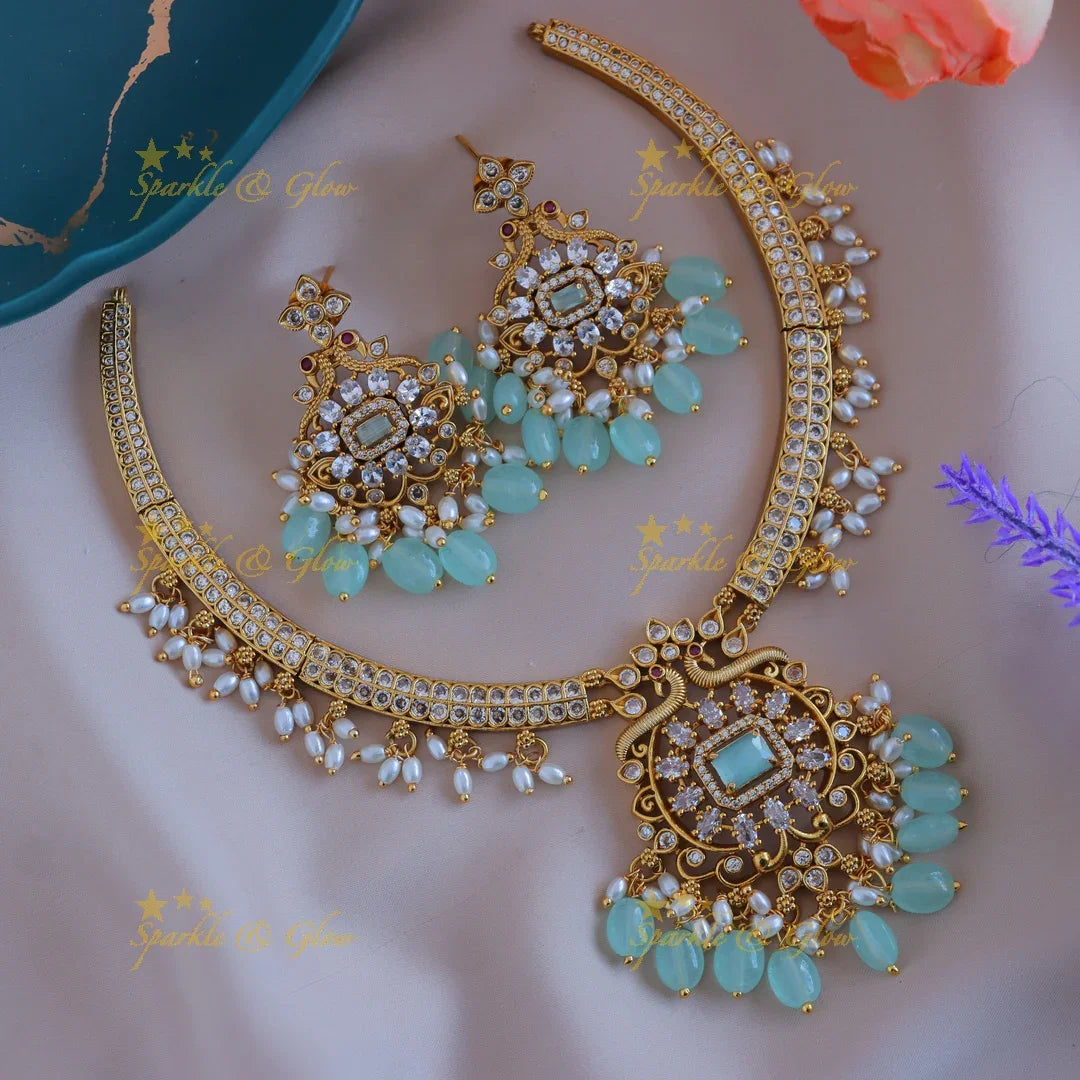 Elegant Peacock Floral short necklace with AD stones and pearls-Pink - Sparkle and Glow