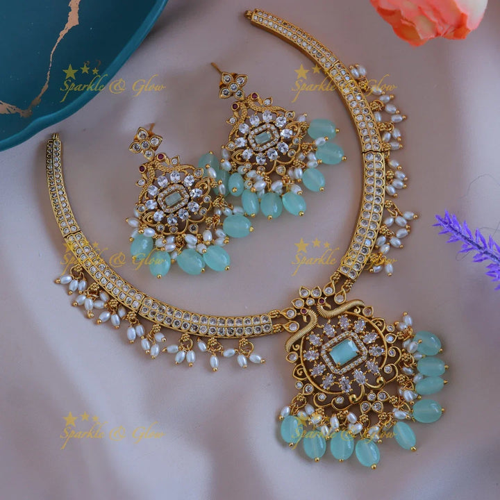 Elegant Peacock Floral short necklace with AD stones and pearls-Pink - Sparkle and Glow