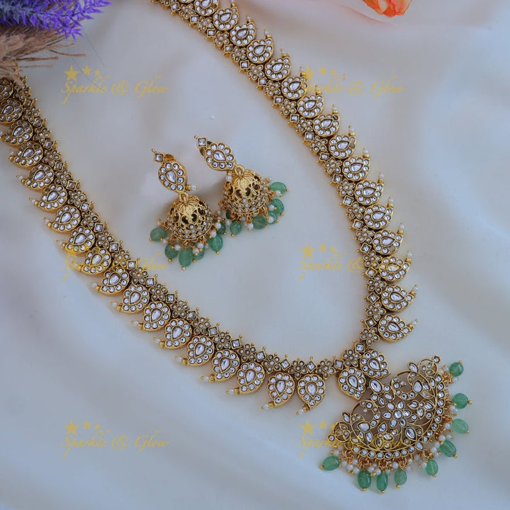 Elegant Peacock Mango Floral carved Haram with Mintgreen beads - Sparkle and Glow - Back Thread - 