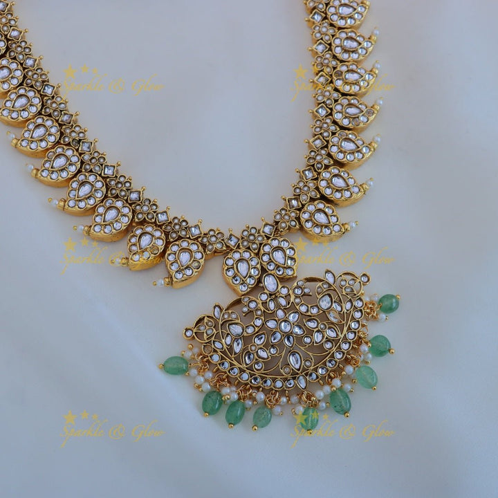 Elegant Peacock Mango Floral carved Haram with Mintgreen beads - Sparkle and Glow - Back Thread - 