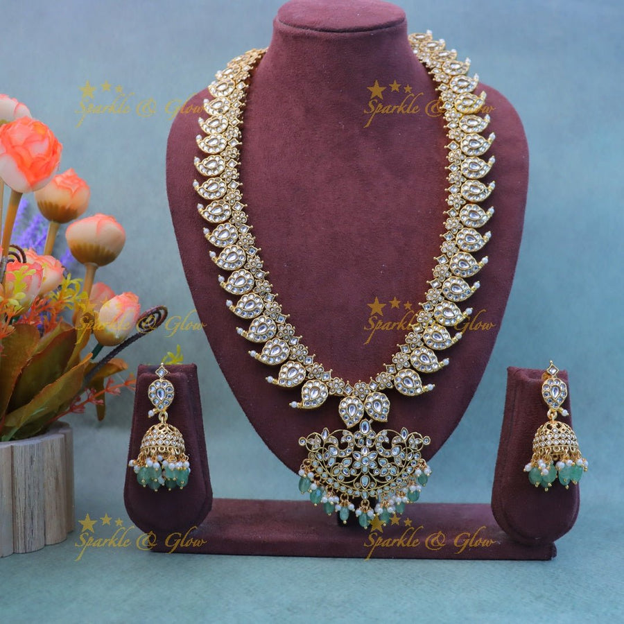 Elegant Peacock Mango Floral carved Haram with Mintgreen beads - Sparkle and Glow - Back Thread - 