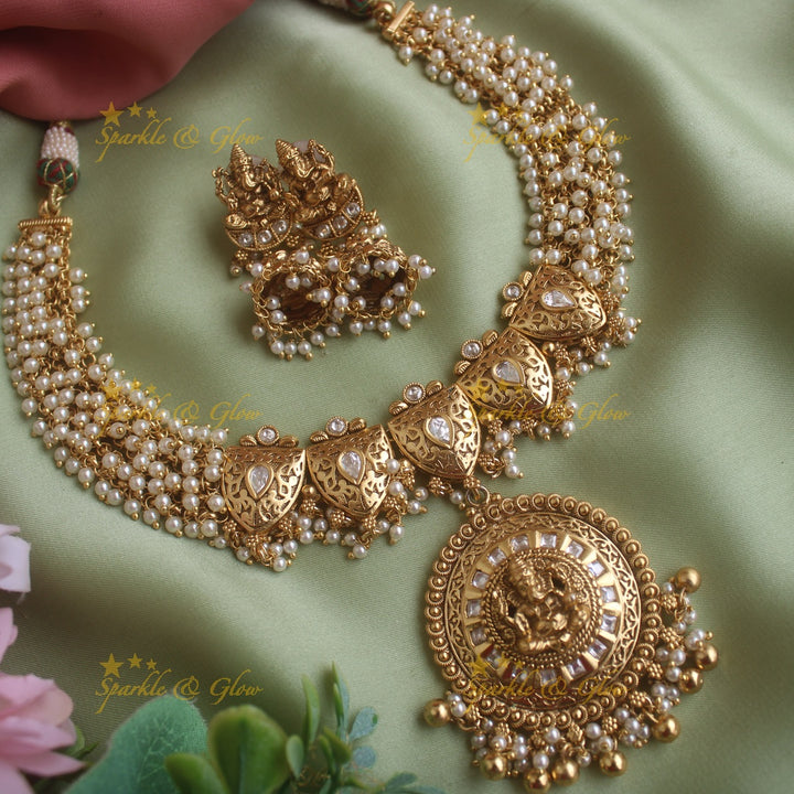 Gracious Idol Ganesha carved pearl cluster short necklace - Sparkle and Glow