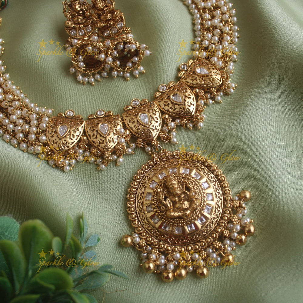 Gracious Idol Ganesha carved pearl cluster short necklace - Sparkle and Glow