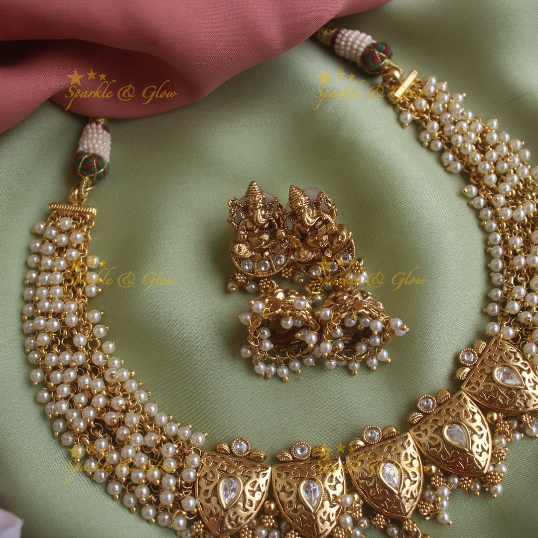 Gracious Idol Ganesha carved pearl cluster short necklace - Sparkle and Glow