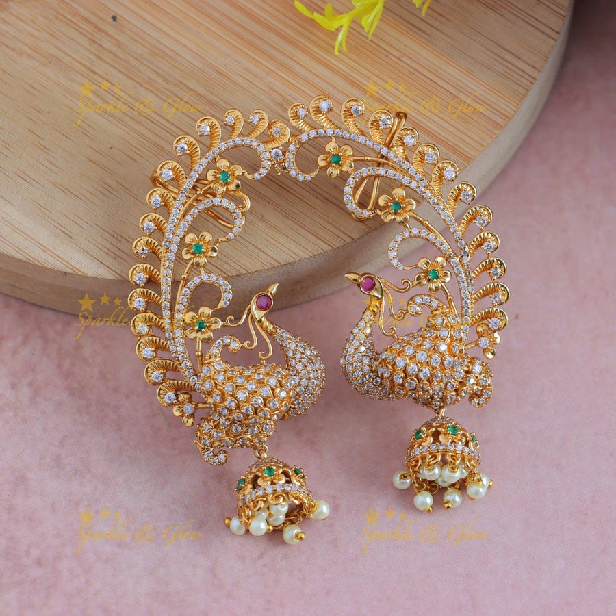 Grand Dancing Peacock design Earcuff with cz stones - Sparkle and Glow - 