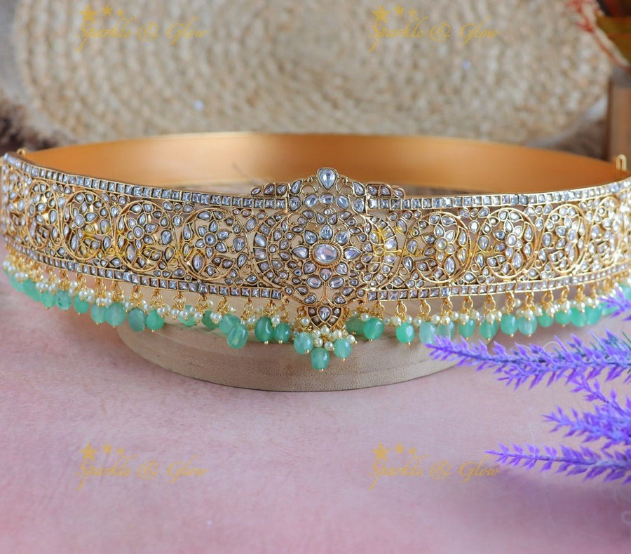 Gracious Kundan stones Floral design Bridal Hipbelt with Mintgreen beads - Sparkle and Glow - 